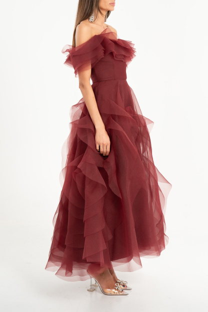 Truly Extraordinary Burgundy Off Shoulder Tiered Ruffle Organza Maxi Dress