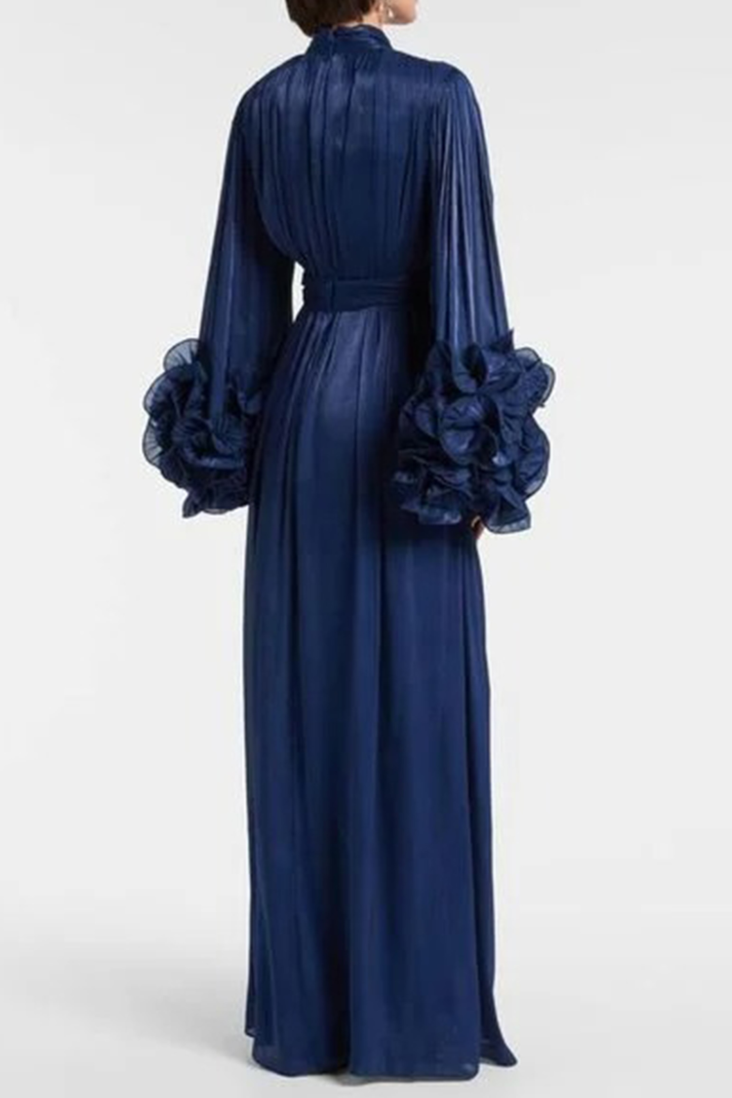 Especially Stunning Dark Blue Floral Cuff Pleated Maxi Dress