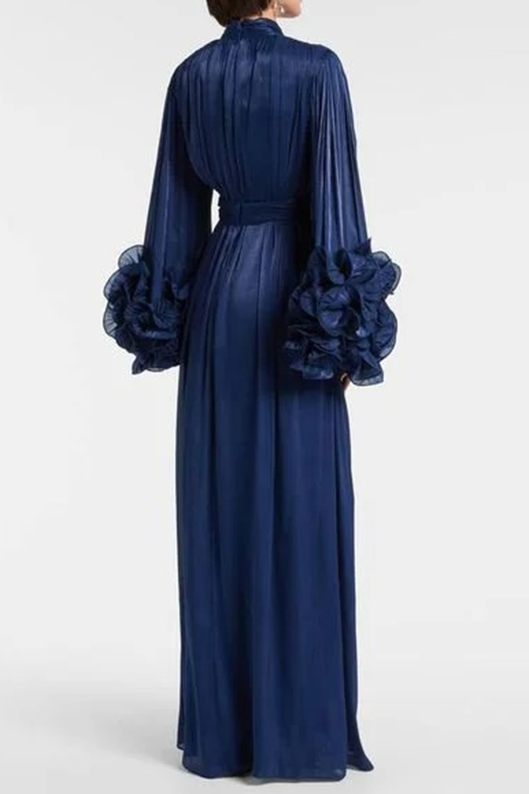 Especially Stunning Dark Blue Floral Cuff Pleated Maxi Dress