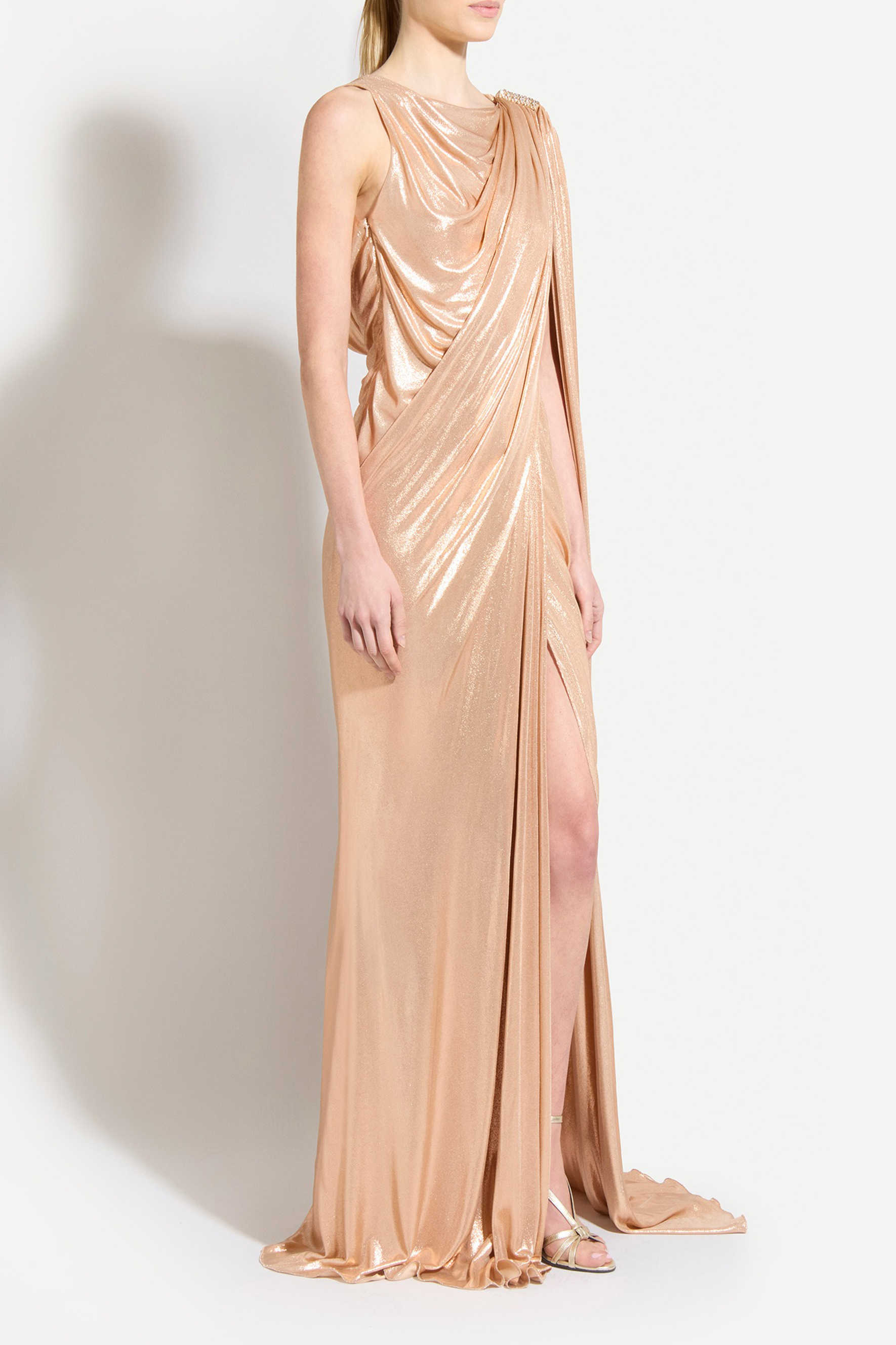 Beautiful Evenings Gold Asymmetric Draped Cape Maxi Dress