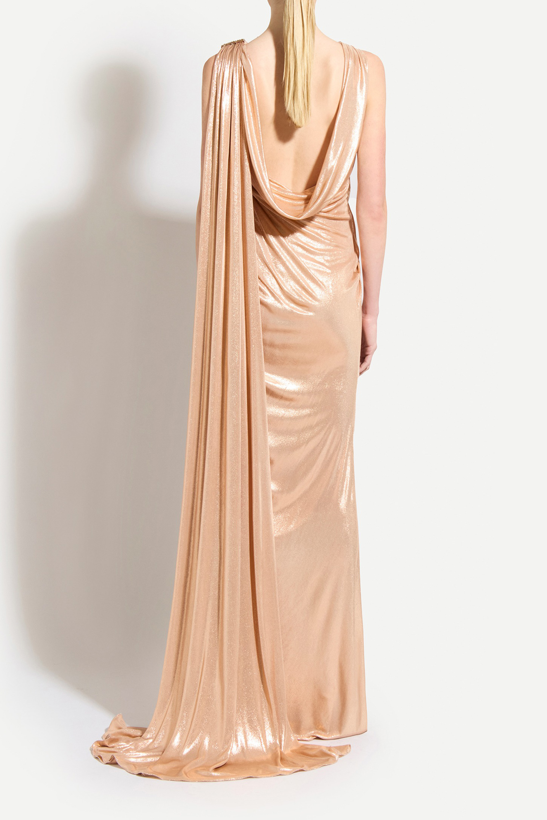 Beautiful Evenings Gold Asymmetric Draped Cape Maxi Dress