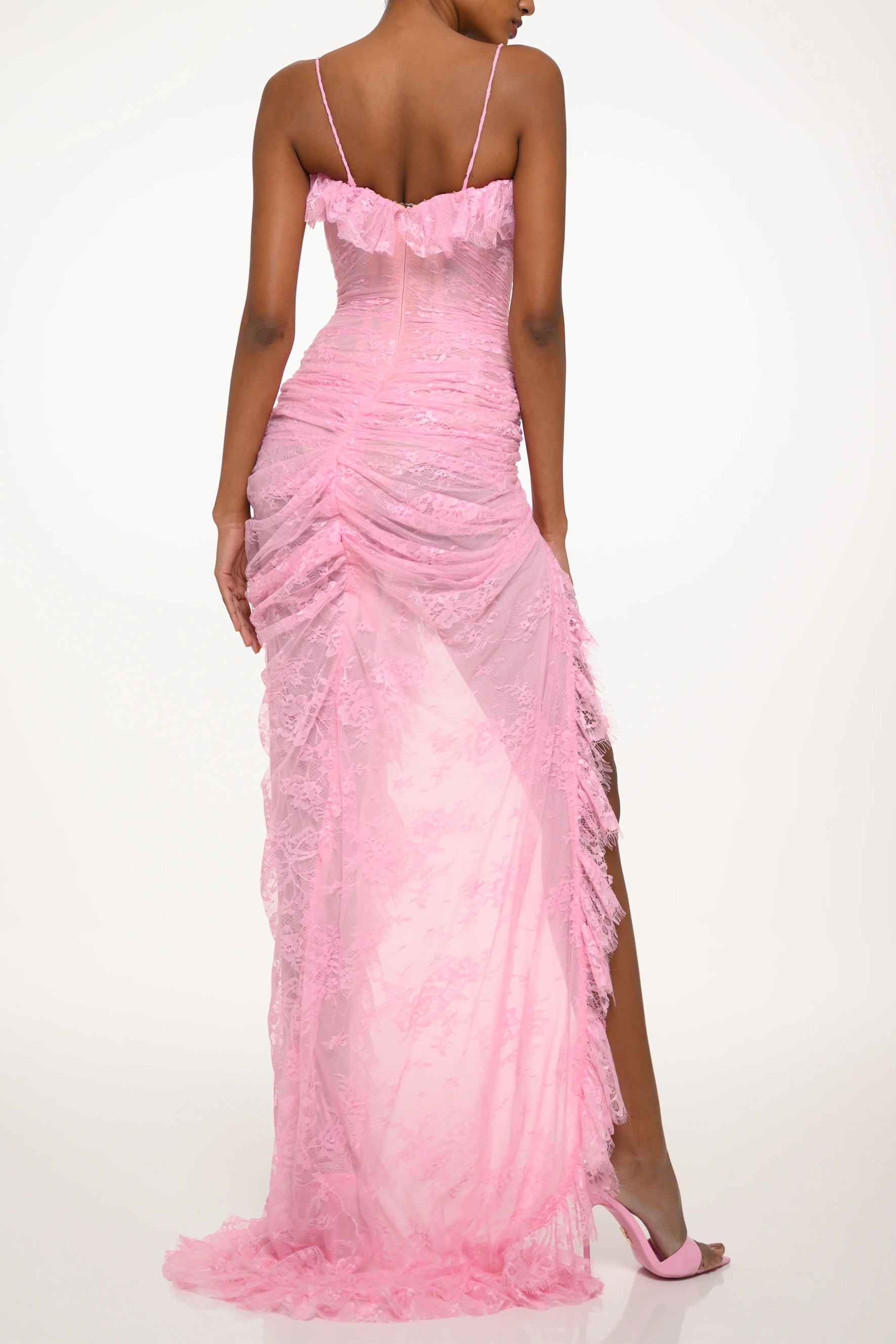Spellbound By You Pink Spaghetti Strap High Slit Lace Maxi Dress