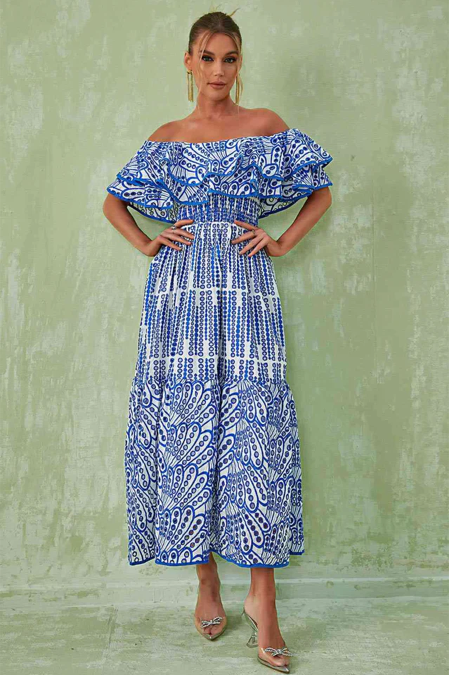 Dolly Embroidered Lace Off-shoulder A-line Flare Midi Dress