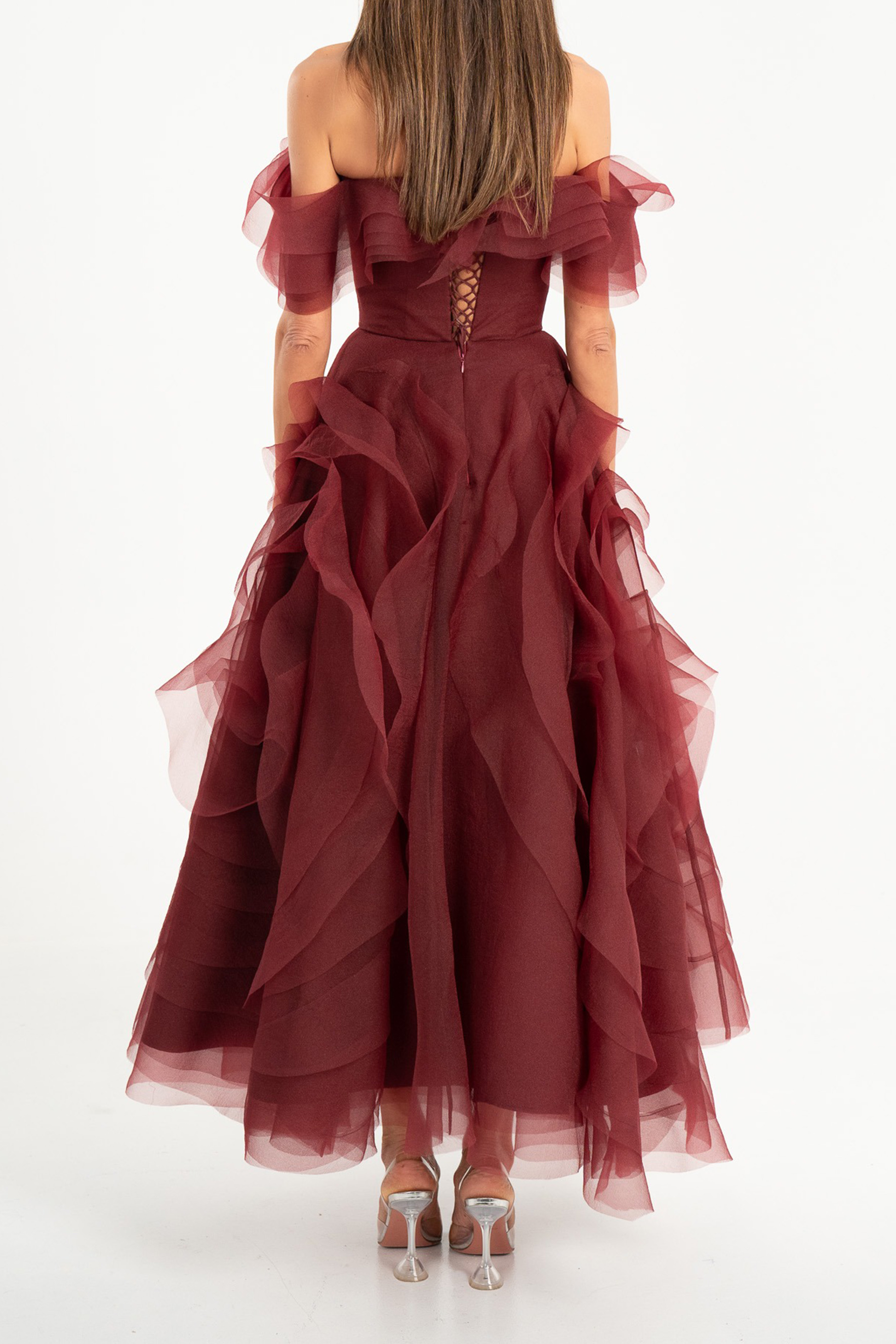 Truly Extraordinary Burgundy Off Shoulder Tiered Ruffle Organza Maxi Dress