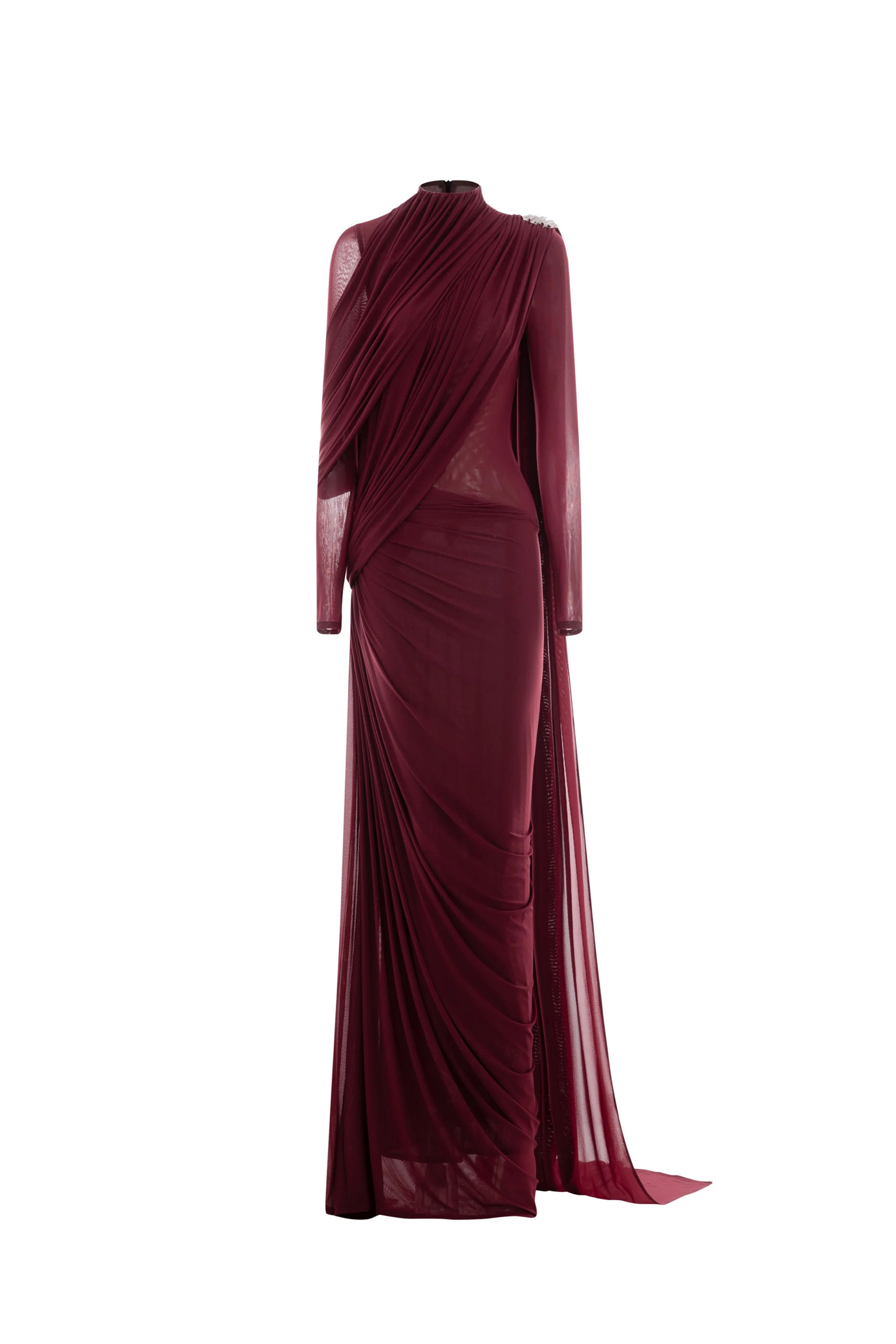 Gala Ready Burgundy Asymmetric Draped Cape Maxi Dress