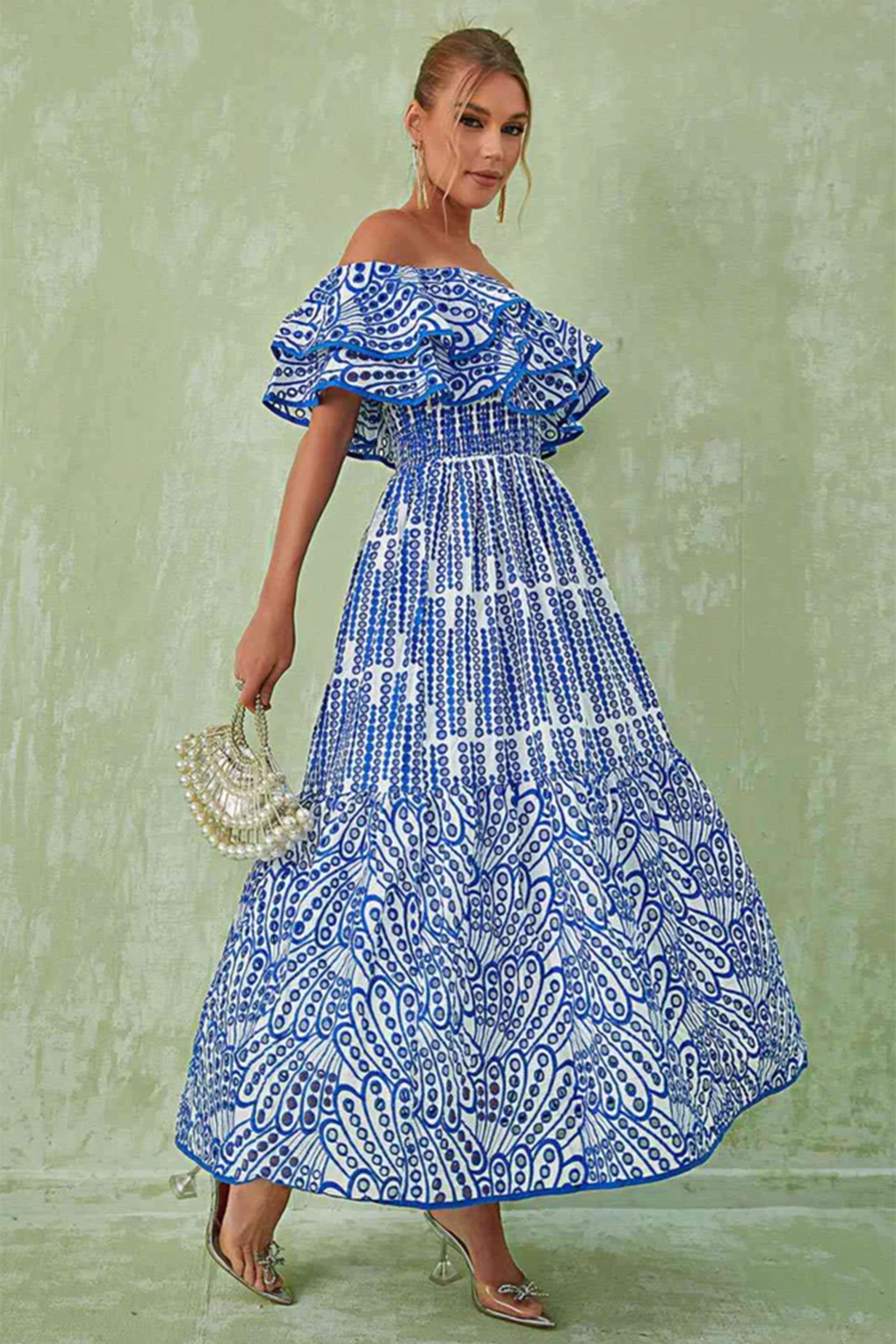Dolly Embroidered Lace Off-shoulder A-line Flare Midi Dress