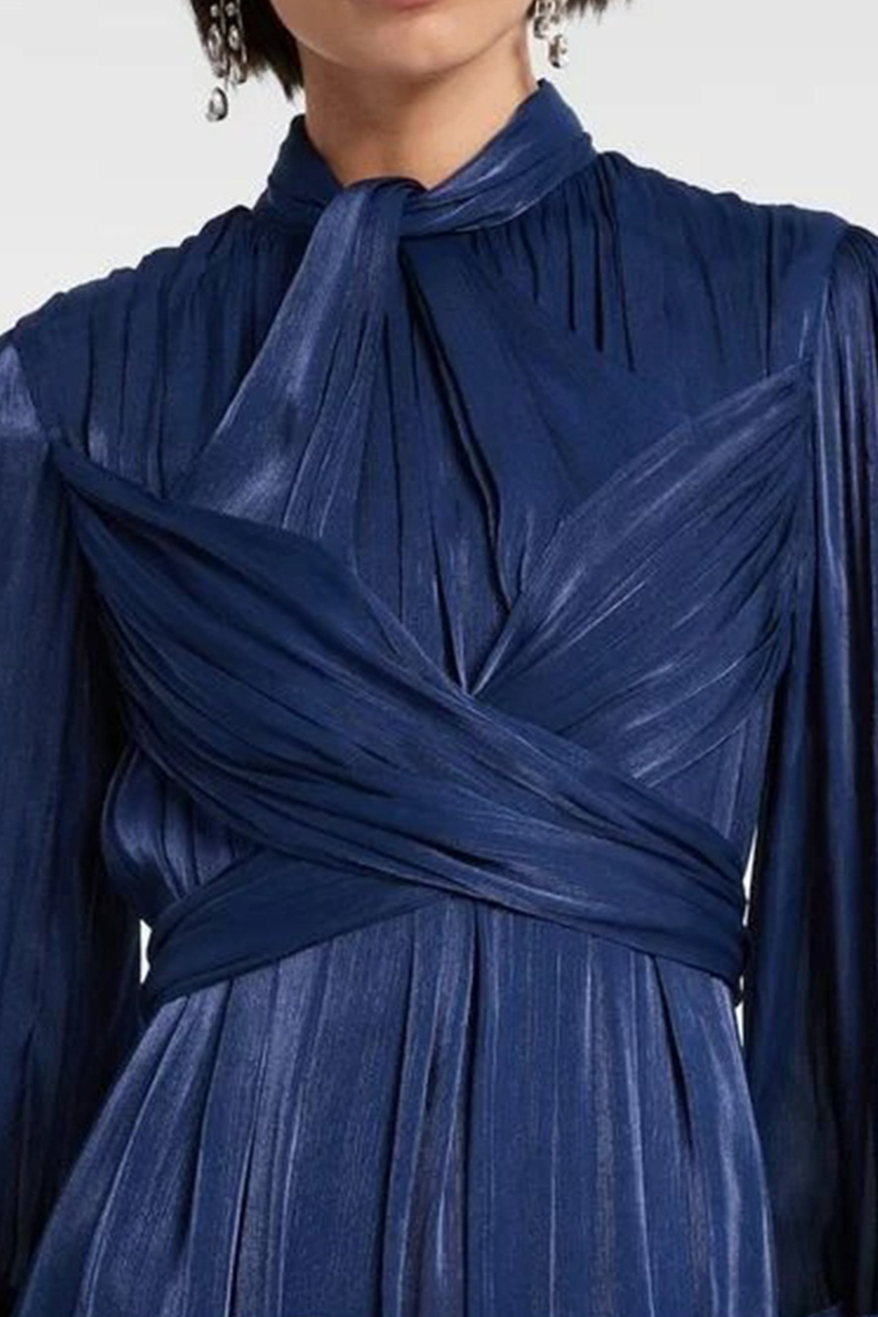 Especially Stunning Dark Blue Floral Cuff Pleated Maxi Dress