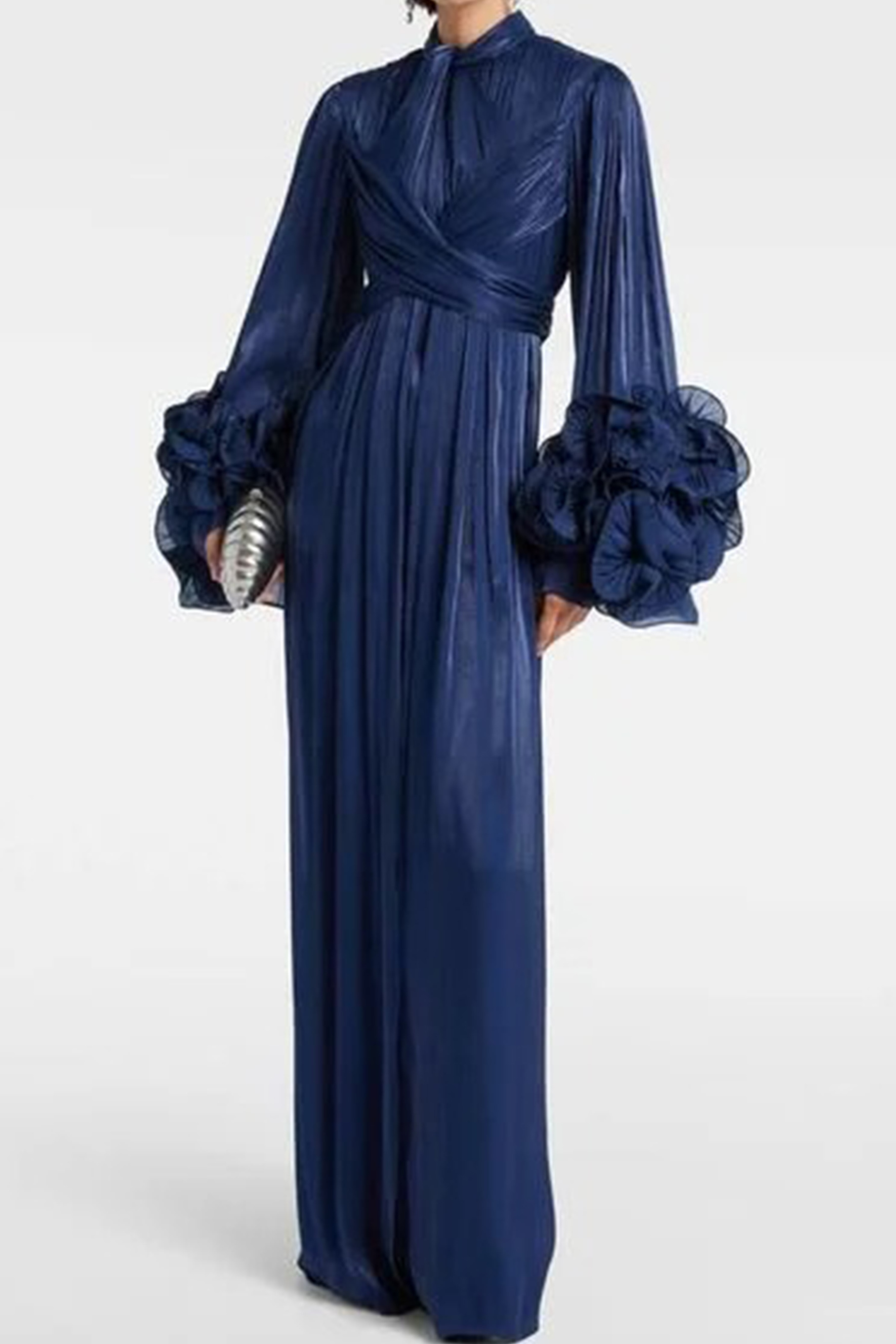 Especially Stunning Dark Blue Floral Cuff Pleated Maxi Dress