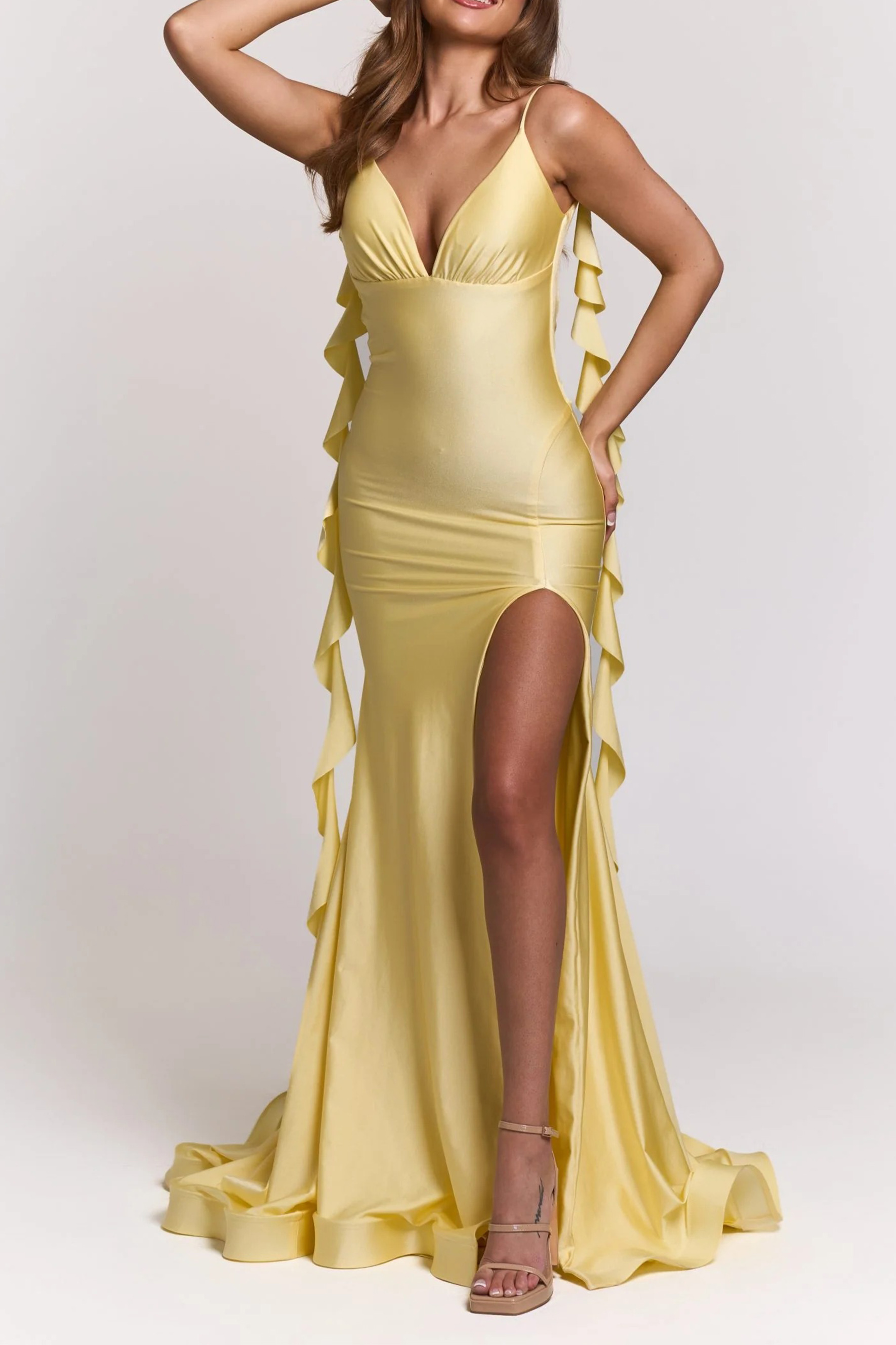 In Love Forever Yellow V-Neck High Slit Maxi Dress