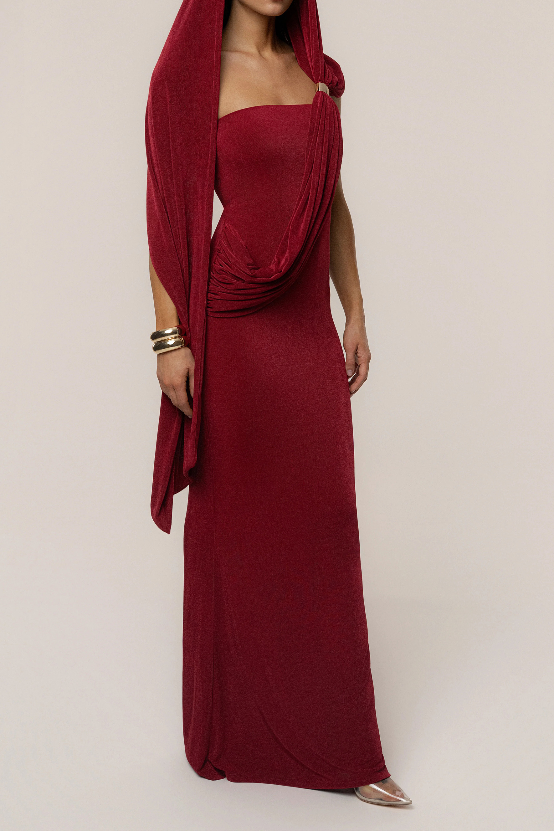 Composed Elegance Burgundy Asymmetric Draped Maxi Dress