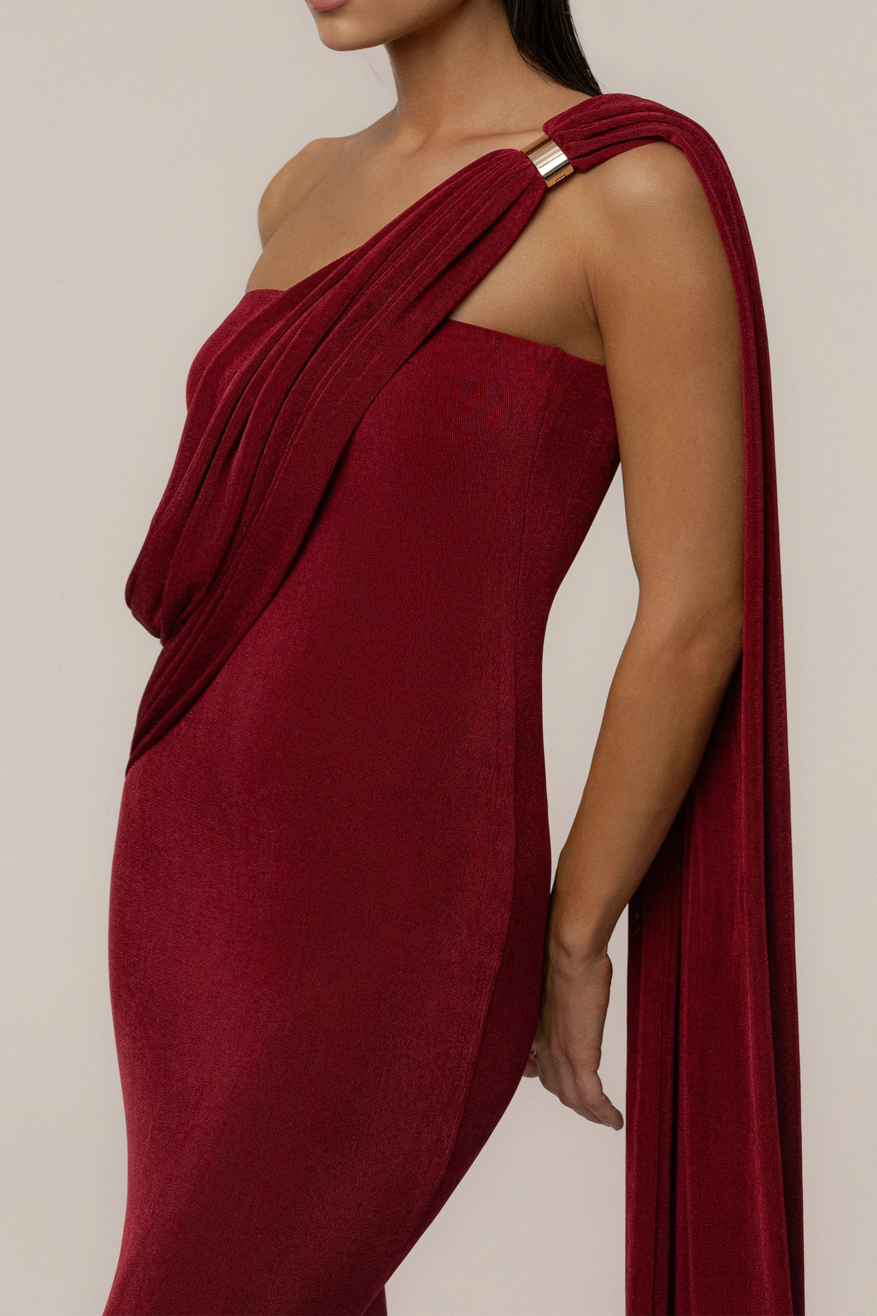 Composed Elegance Burgundy Asymmetric Draped Maxi Dress