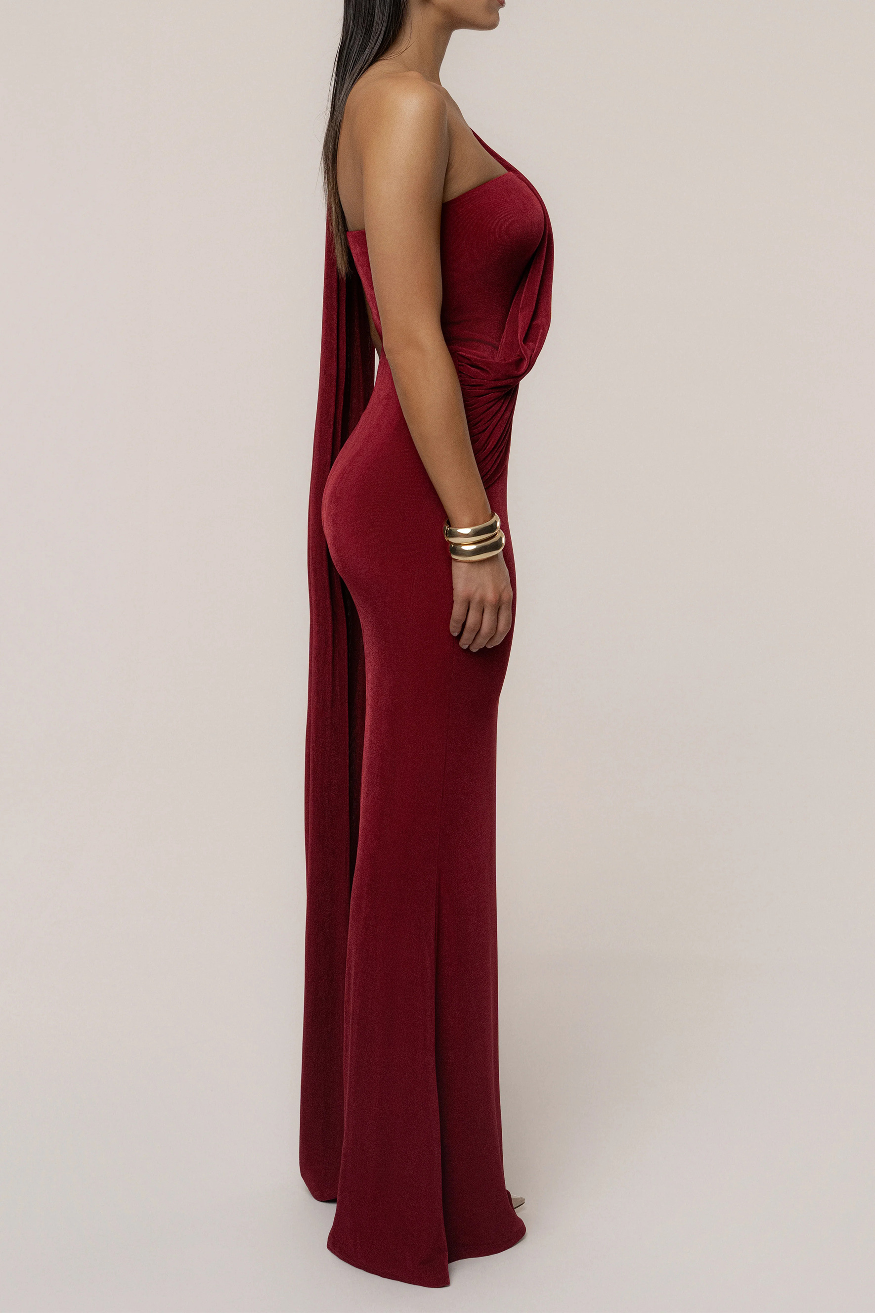 Composed Elegance Burgundy Asymmetric Draped Maxi Dress