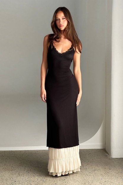 Irene V-neck Lace Trim Maxi Dress-Sunfere