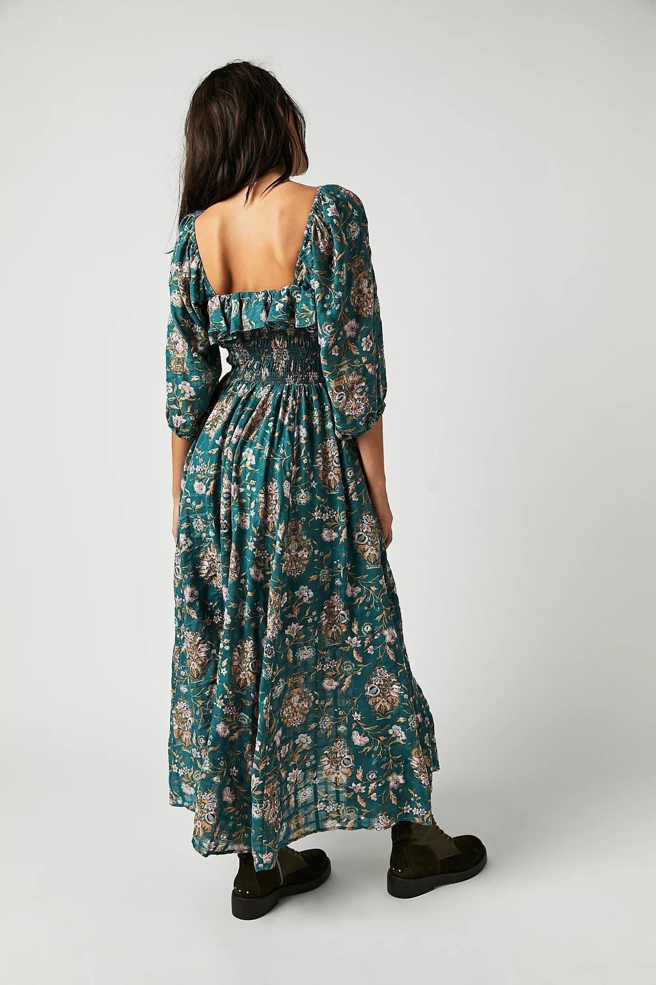 Iris Printed Shirred Bodice Ruffle Midi Dress