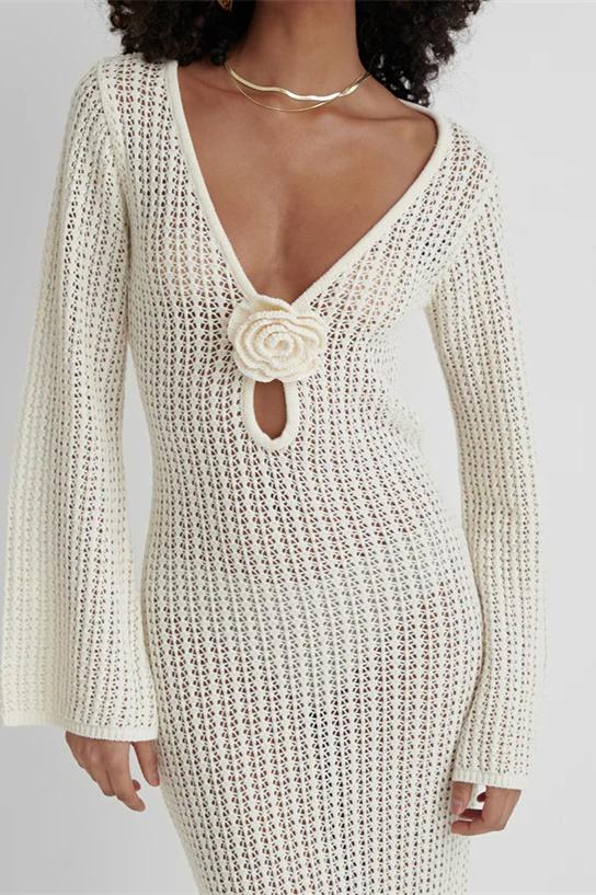 Jane Floral Hollow Out Maxi Knit Dress-Sunfere