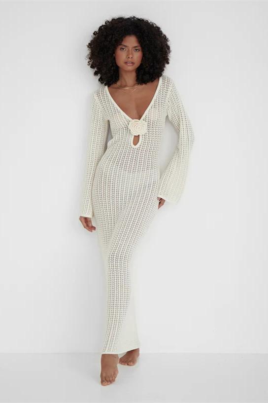 Jane Floral Hollow Out Maxi Knit Dress-Sunfere