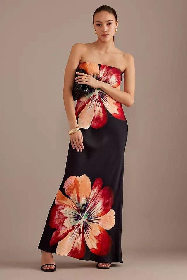 dresses-Janice Floral Printed Strapless Maxi Dress-SD00606052888-Black-S - Sunfere