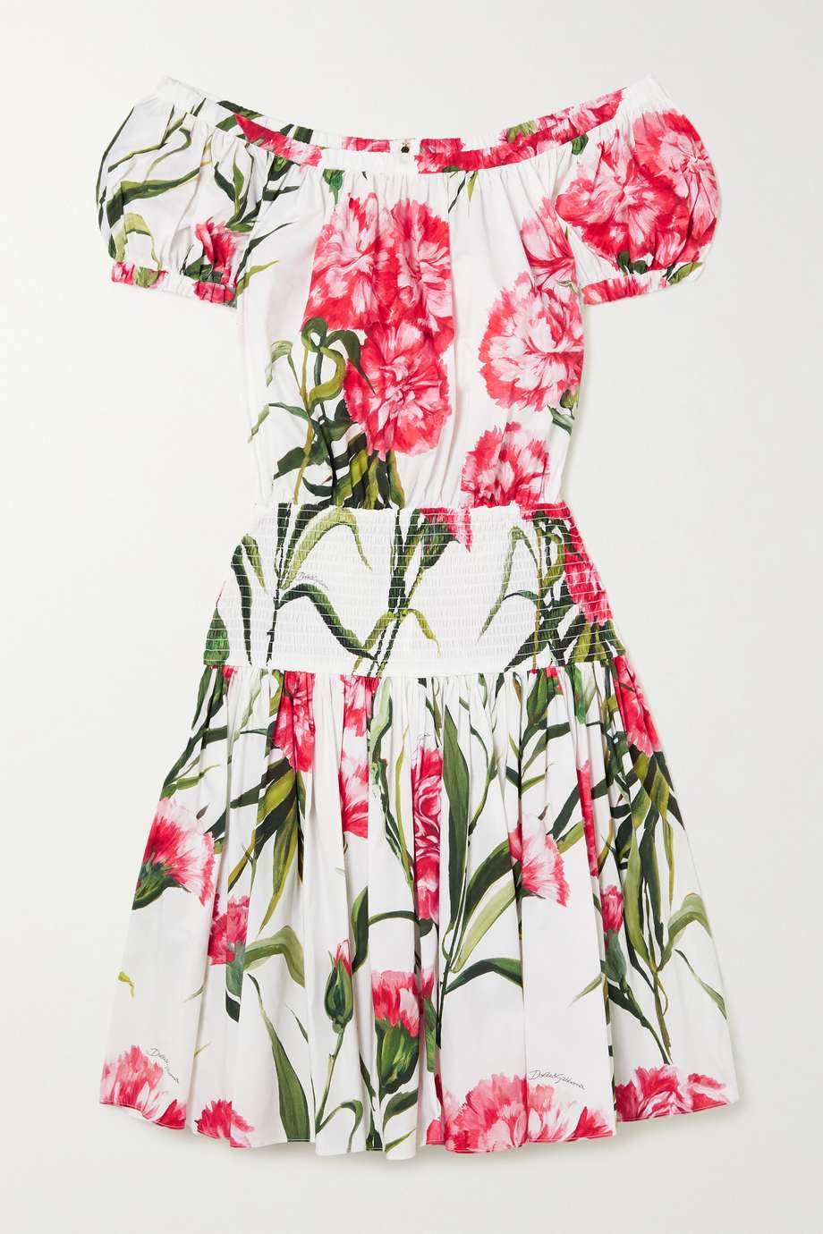 Jemima Printed Off-shoulder Shirred Mini Dress