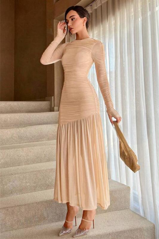 Jessie Long Sleeve Pleated Mesh Maxi Dress-Sunfere