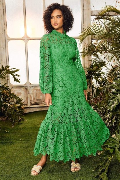 dresses-Joa Embroidered Lace Trimmed Flare Maxi Dress-SD00210061658-Green-S - Sunfere