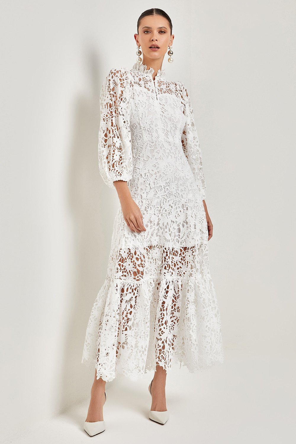 Joa Embroidered Lace Trimmed Flare Maxi Dress