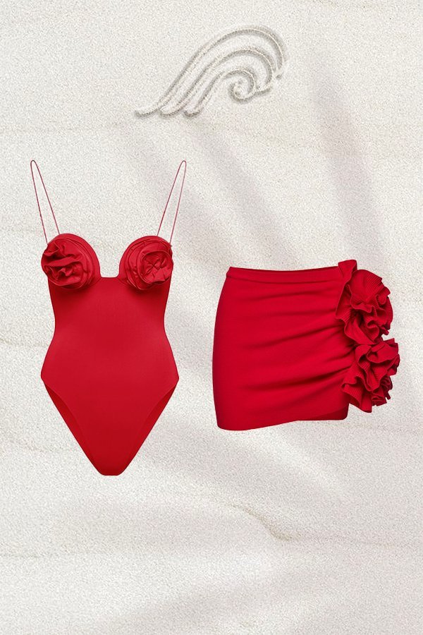 swimwear-Joyce Strappy Flower Two-pieces Swim Set-SW00601082097-Red-S - Sunfere