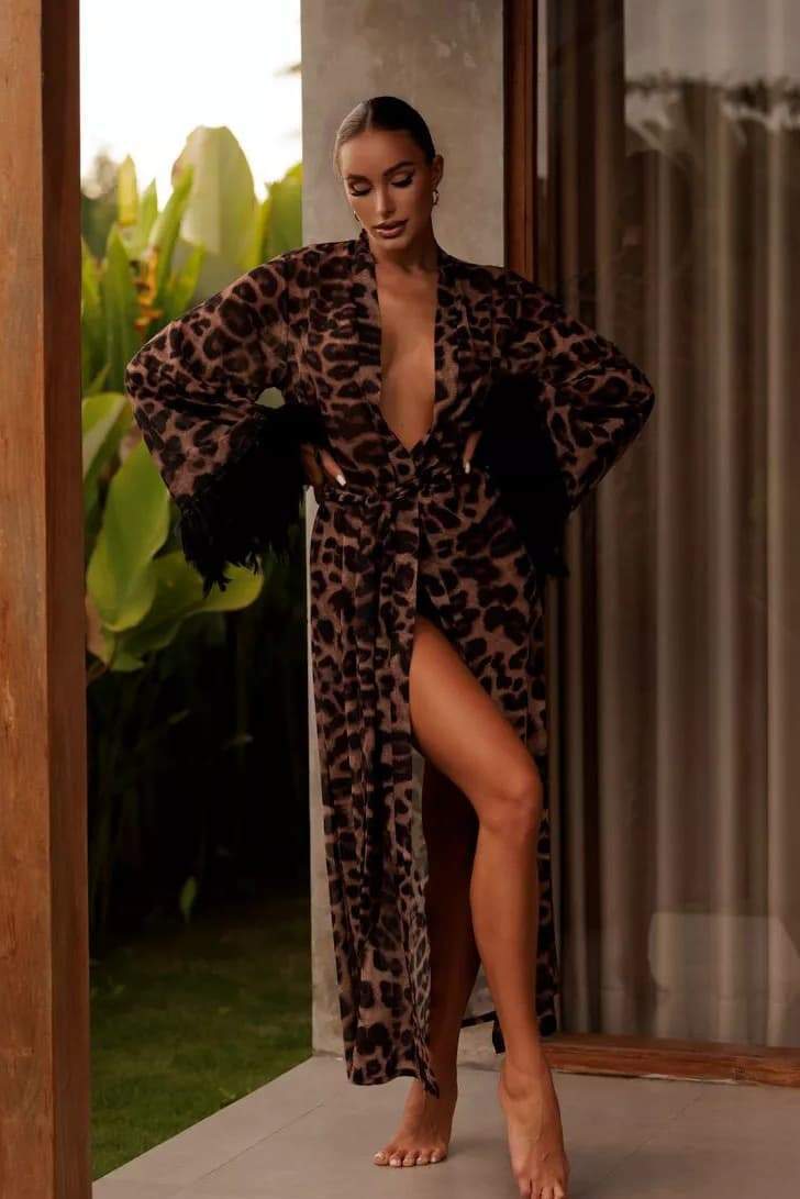Natalie Leopard Print Feather Maxi Robe-Sunfere