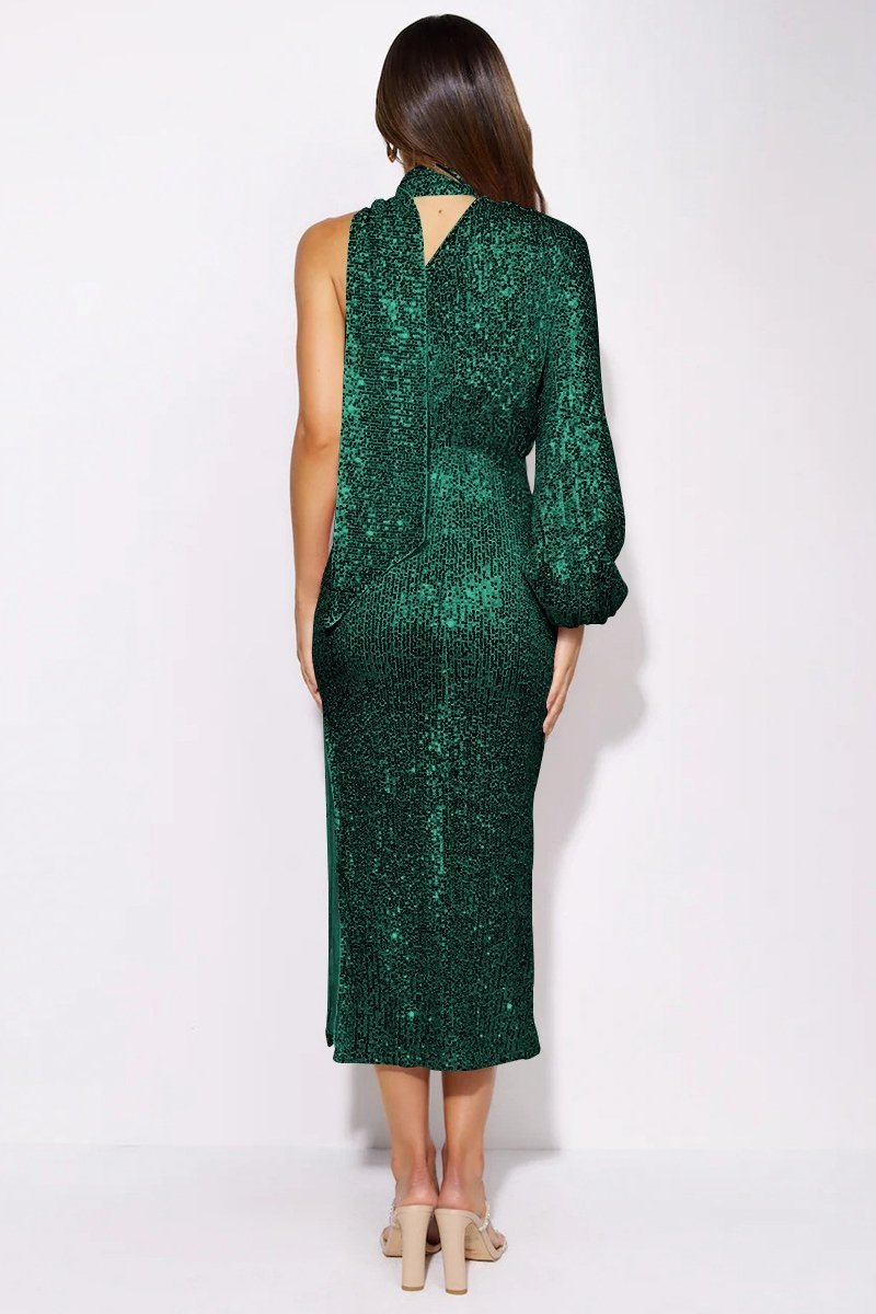 Judith Sequins Halterneck Asymmetry Midi Dress-Sunfere