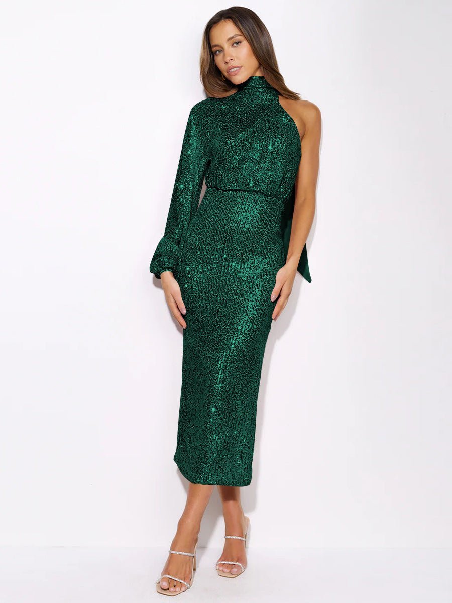 Judith Sequins Halterneck Asymmetry Midi Dress-Sunfere