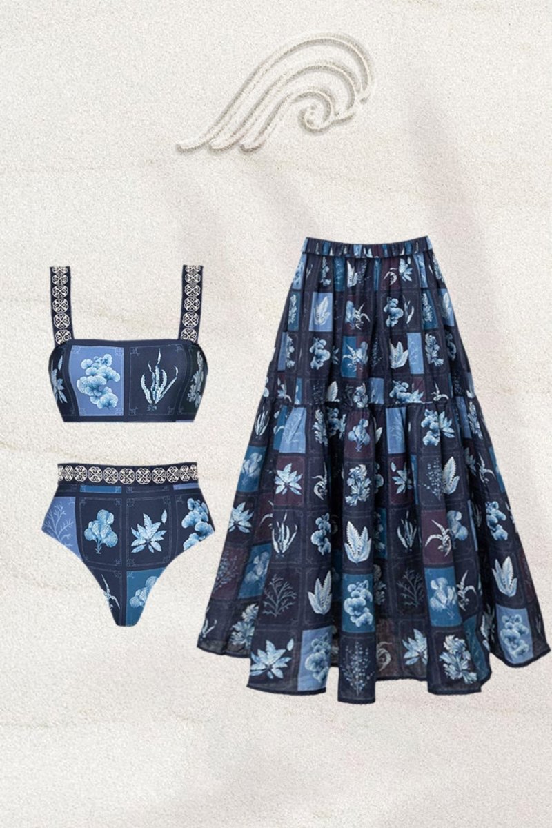 swimwear-Kara Algae Printed Three-piece Swim Set-SW00603272543-Blue-S - Sunfere