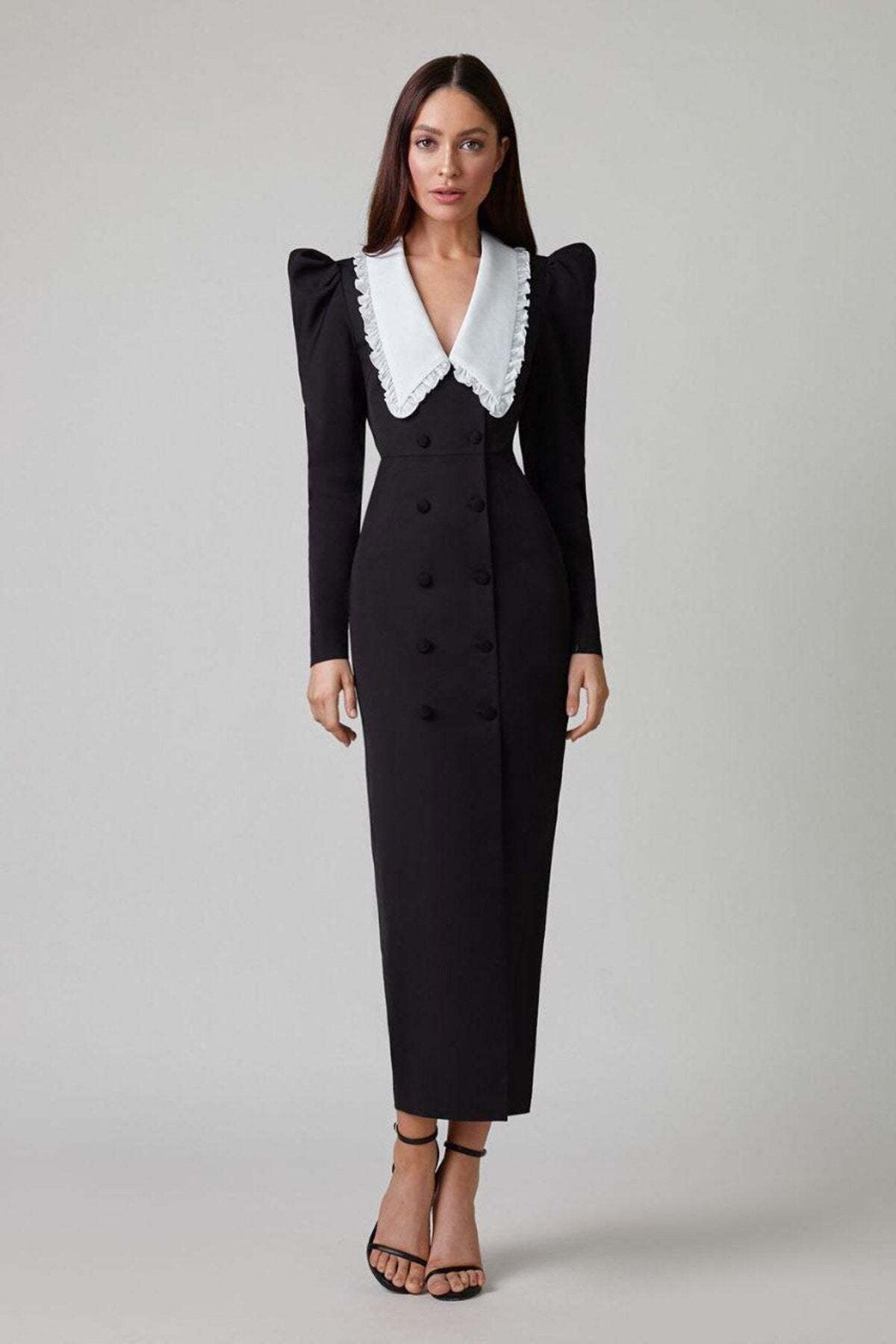 Kathy Peter Pan Collar V-neck Midi Dress-Sunfere
