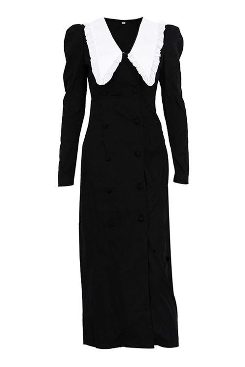 dresses-Kathy Peter Pan Collar V-neck Midi Dress-SD00601242194-Black-S - Sunfere
