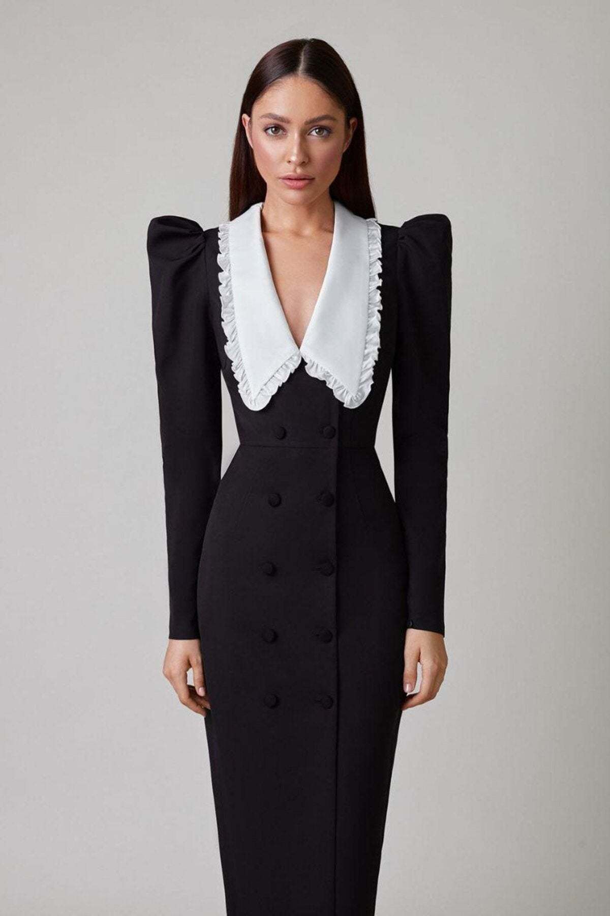 Kathy Peter Pan Collar V-neck Midi Dress-Sunfere