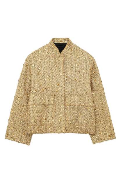 -Kimberley Collared Metallic Sequins Jacket-SO00212062018-Gold-S - Sunfere