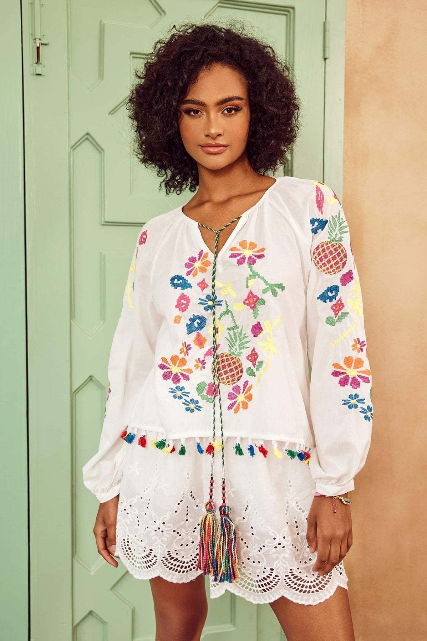 tops-Kyndall Embroidered Floral Tassel Blouse-ST00203052391-White-One Size - Sunfere