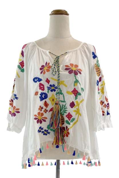 tops-Kyndall Embroidered Floral Tassel Blouse-ST00203052391-White-One Size - Sunfere