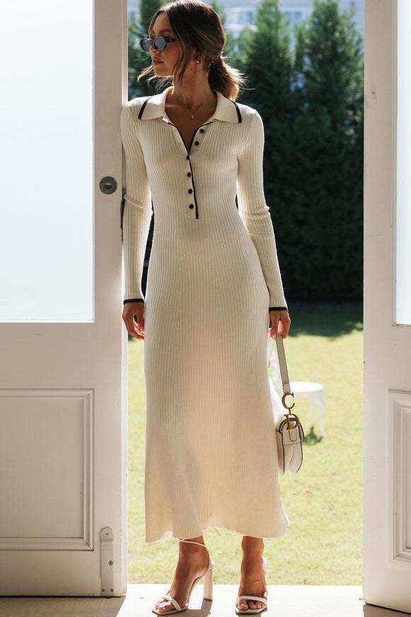 Laurel Button-up Collared Midi Knit Dress-Sunfere