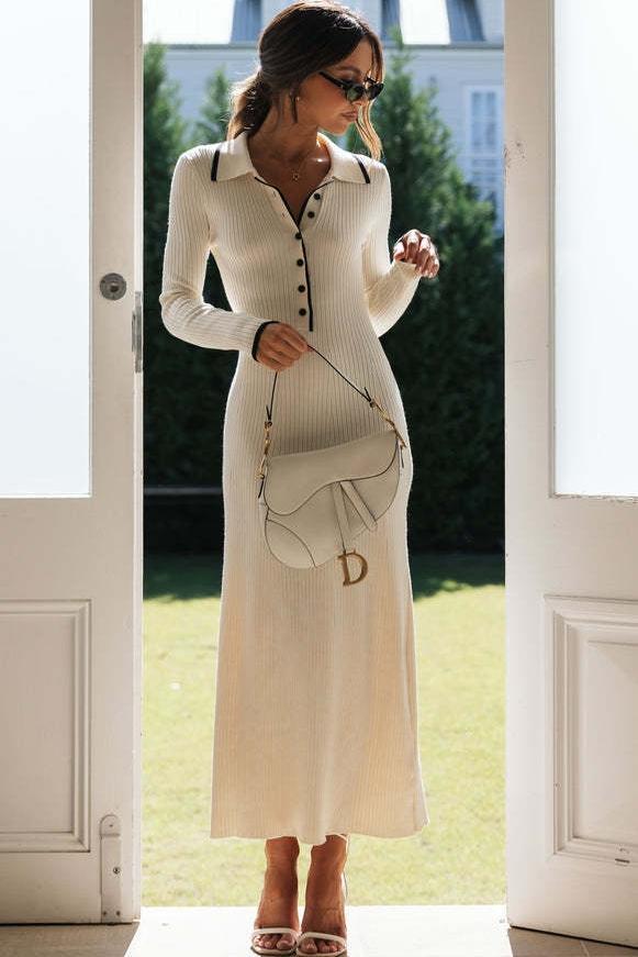 Laurel Button-up Collared Midi Knit Dress-Sunfere