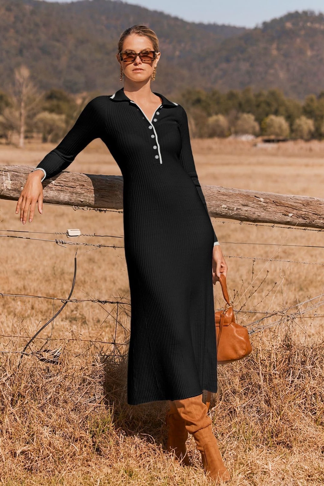 Laurel Button-up Collared Midi Knit Dress-Sunfere