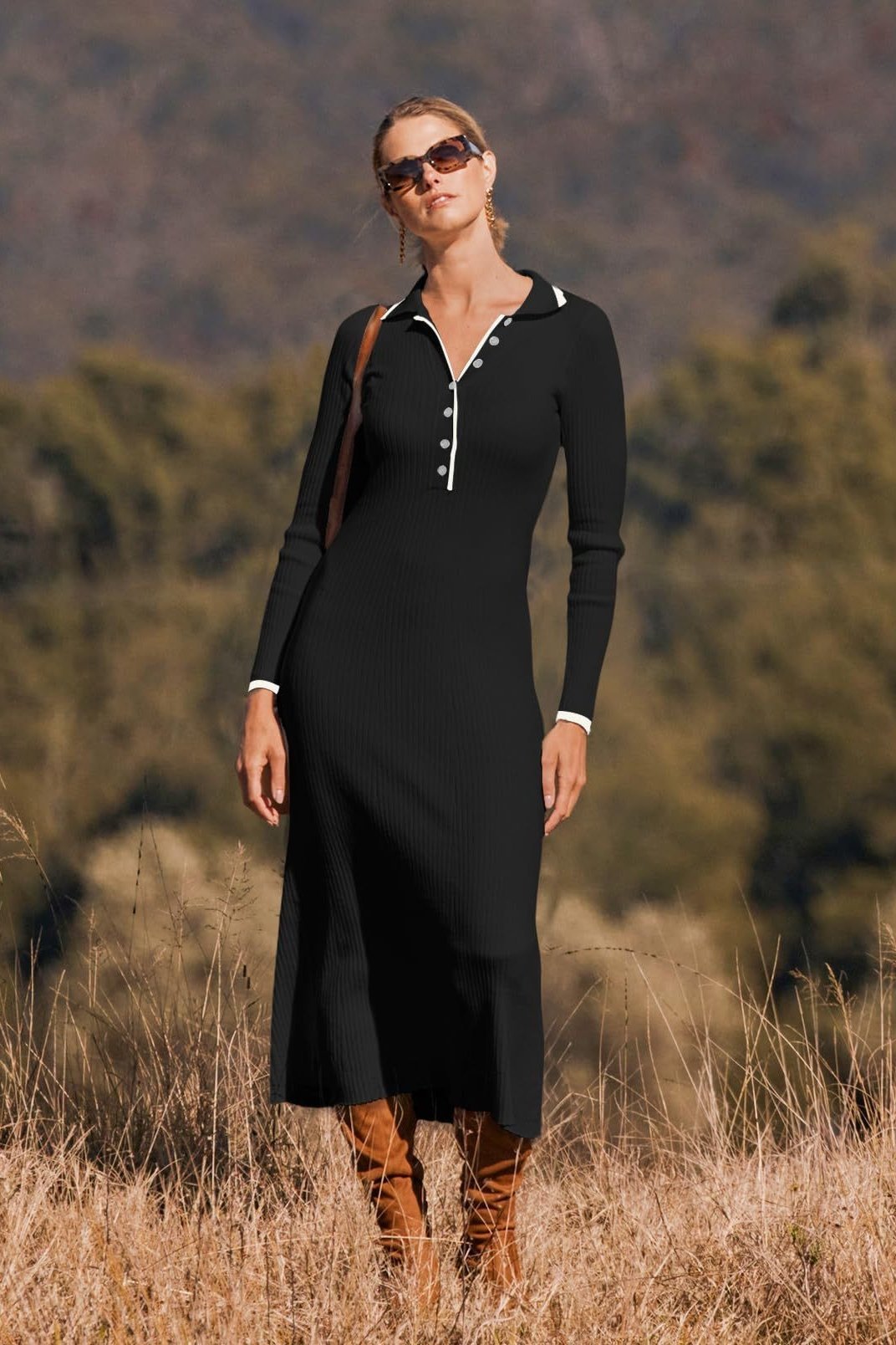 Laurel Button-up Collared Midi Knit Dress-Sunfere