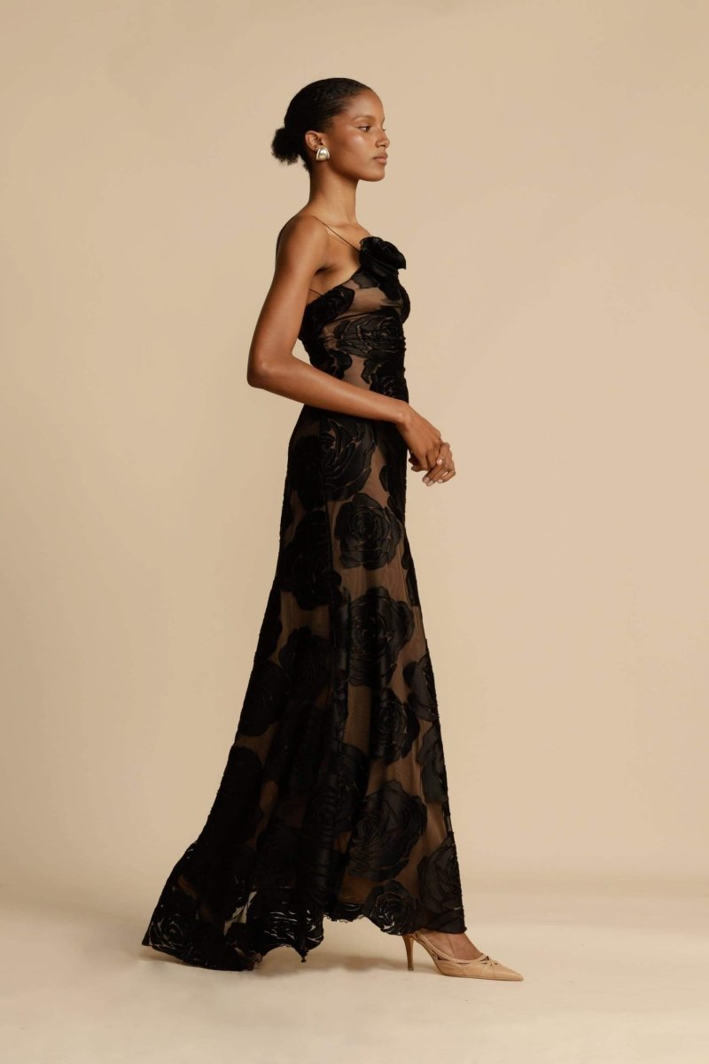 dresses-Lindsay Floral Printed One Shoulder Maxi Dress-SD00604022606-Black-S - Sunfere