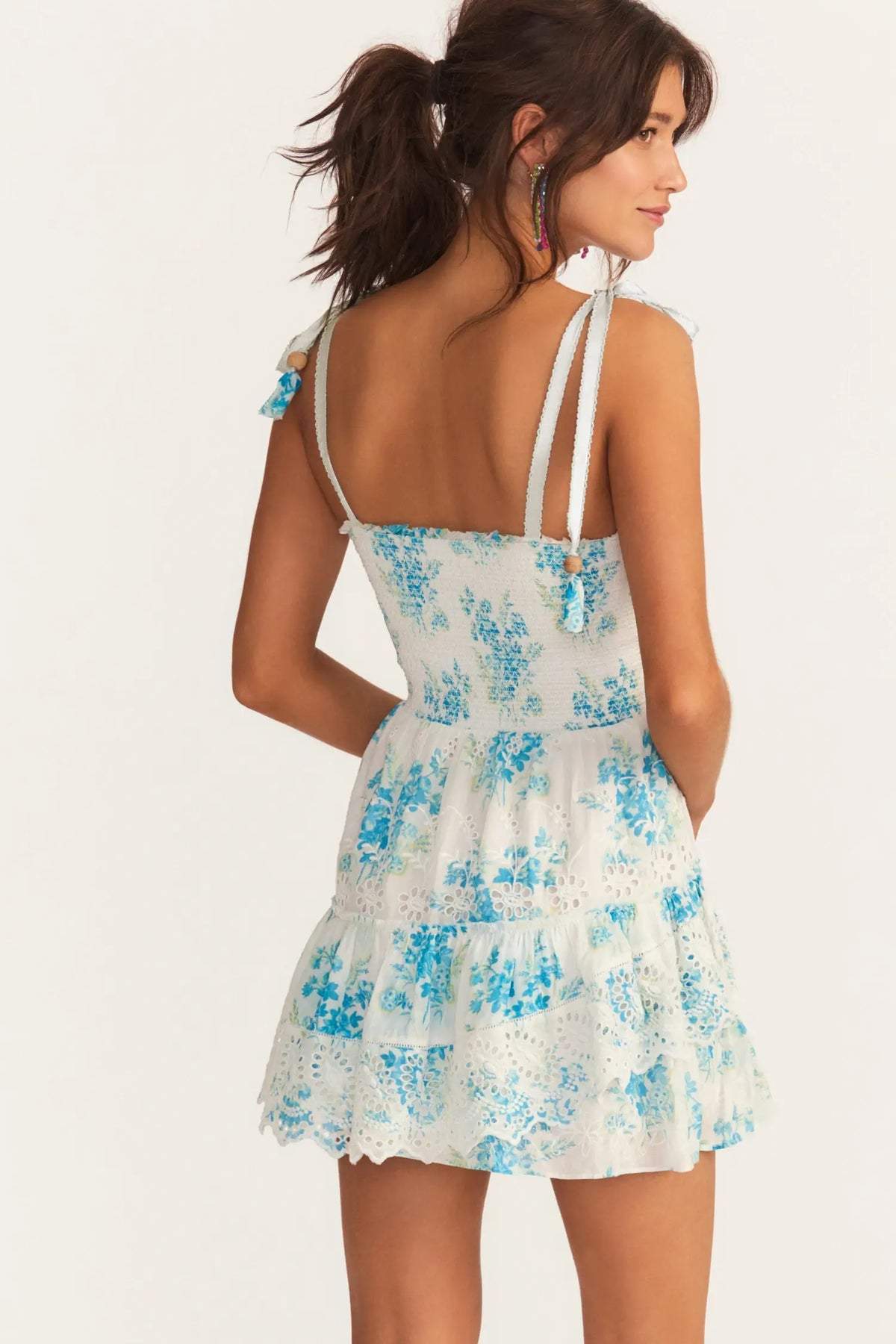 Liv Printed Embroidered Lace Tiered Mini Dress