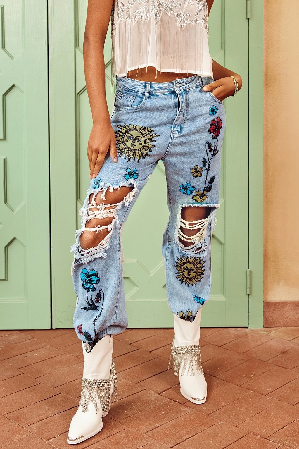 bottoms-Liza Floral & Sun Printed Ripped Jeans-SB00603012394-Blue-S - Sunfere