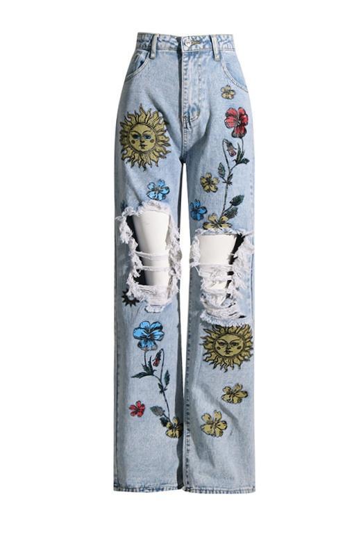Liza Floral & Sun Printed Ripped Jeans-Sunfere