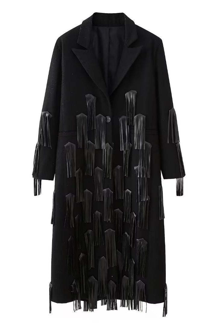 outerwear-Louisa Leather-Tasseled Wool Coat-SO00601092106-Black-XS - Sunfere