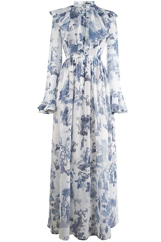 Lucile Printed Ruffle Flare Chiffon Maxi Dress-Sunfere