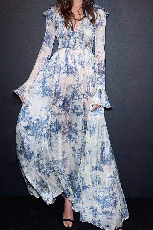 Lucile Printed Ruffle Flare Chiffon Maxi Dress-Sunfere