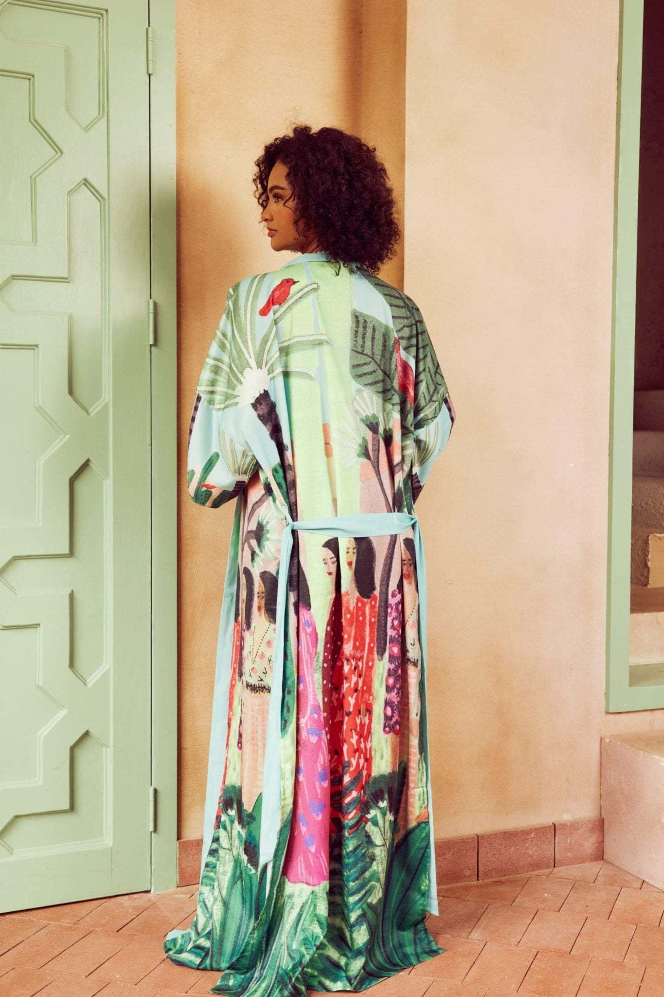 outerwear-Lucinda Tropical Print Belted Kimono-SO00602262376-Green-M - Sunfere
