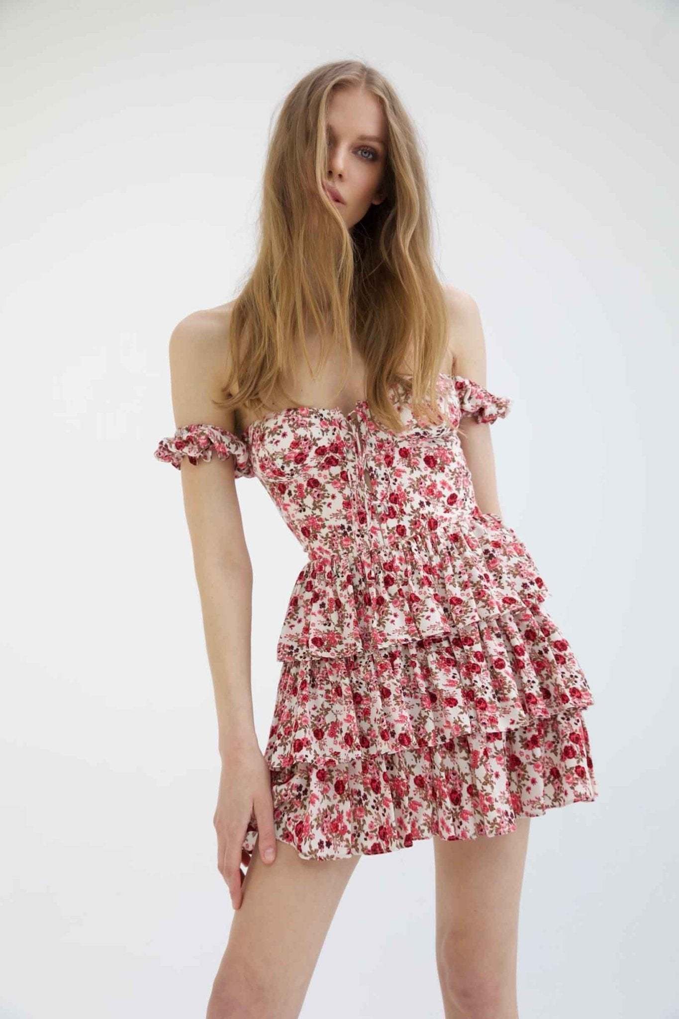 Mabel Printed Corset Tiered Mini Dress-Sunfere