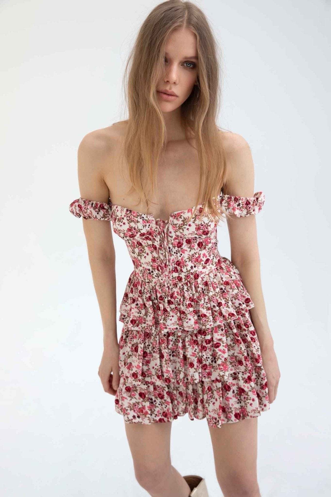 Mabel Printed Corset Tiered Mini Dress-Sunfere